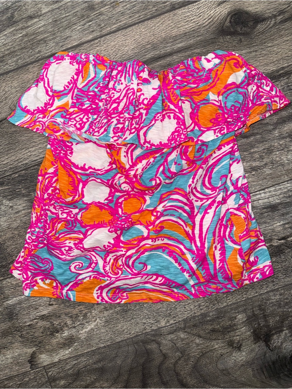 Lilly Pulitzer Strapless 100% Cotton Top Blouse-Pink White Blue Print-Size Small
